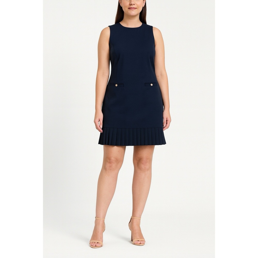 Tommy Hilfiger Women's Navy Shift Dress Size 10 Navy Stretch Pleated Hem Pockets